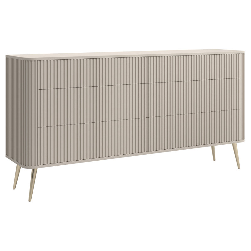 Chest of Drawers with Fluted Fronts and Six Drawers, Beige/Gold