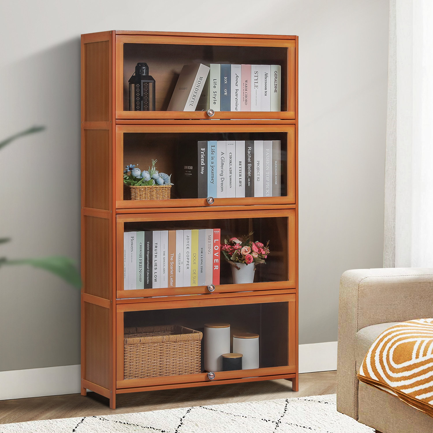 MoNiBloom Bamboo Bookshelf with Flip-up Acrylic Doors, Freestanding ...