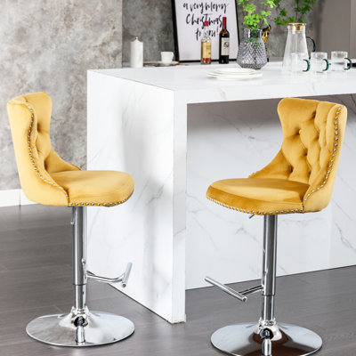 Velours doré, siège réglable de 25 à 33 pouces, base avec dossier, confortable pour la cuisine de pub de maison de 2 pouces de hauteur, rembourré, îlot 2,