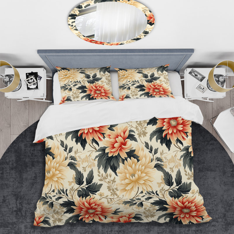 Ensemble de housse de couette vintage vert et beige Dahlia, Housse de couette pour très grand lit et 2 très