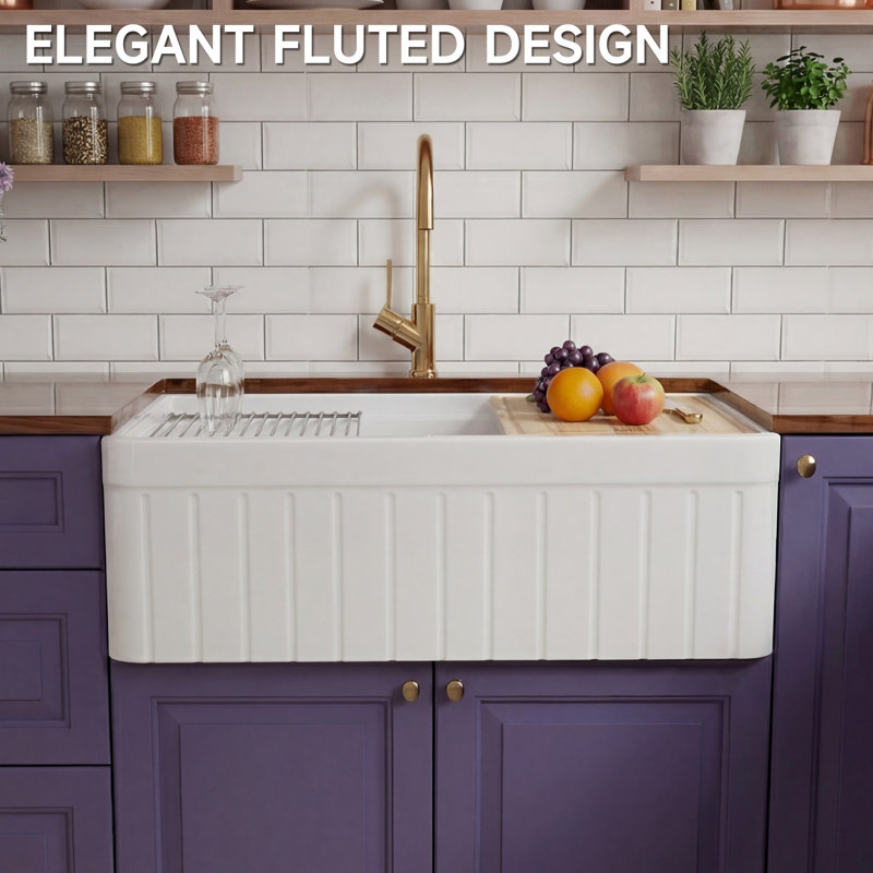 30" L x 20" W Fireclay Apron Front Farmhouse Workstation Sink for Kitchen, Fluted Single Bowl White Farm Sink, Included 4 Custom Accessories