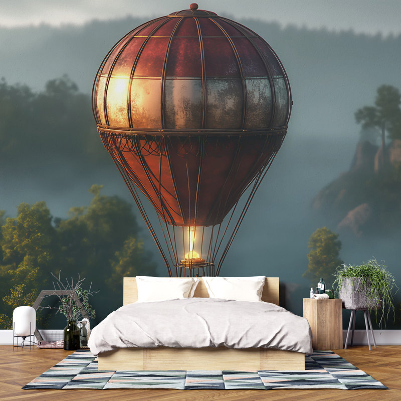 Papier peint montgolfière rétro - paysage d'aventure en dirigeable Steampunk dans une forêt brumeuse, décoration murale rétro pour bureau, bureau ou salon