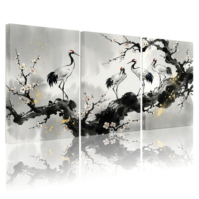 Crane Blossom Art Canvas Wrapped Wall Art Set Of 3 For Living Room Bedroom Home Decor