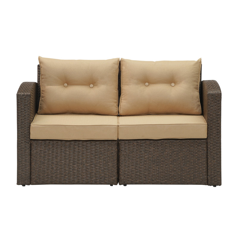 Causeuse de patio, coussin gris clair en osier, Structure brune / coussin kaki