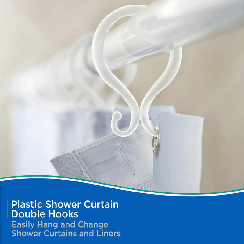 Kenney Rust-Proof Plastic Shower Curtain Double Hooks, Clear