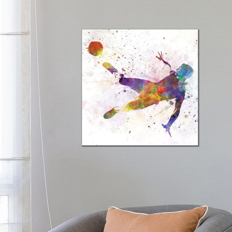 Man Soccer Football Player Flying Kicking V 1 Piece Painting on Canvas, 66.04 cm H x 66.04 cm W x 1.91 cm D, Wrapped Canvas