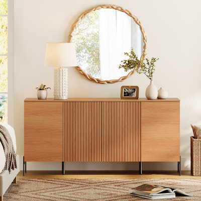 Laverda 61" Baby Dresser For Bedroom, Wooden Reeded 4-Door Cabinet For Kids, Mid Century Modern Closet Storage Organizer For Nursery, Living Room, Hal by Union Rustic