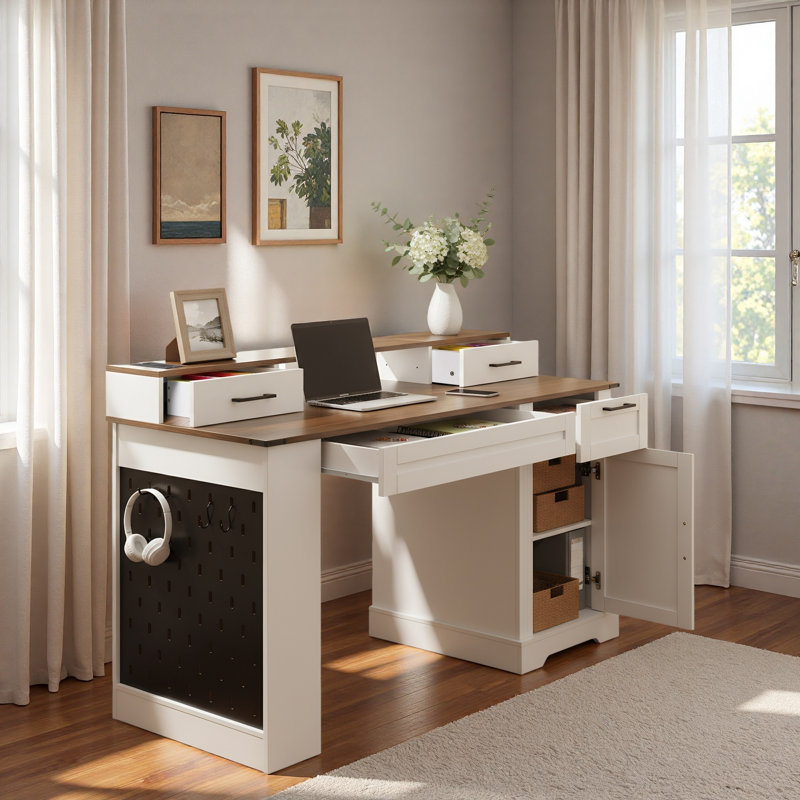 Bureau de ferme avec armoire de rangement, station de charge, porte de grange, plateau à clavier, support pour écran et panneau perforé