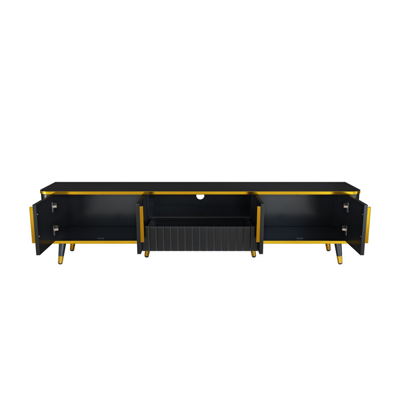 Meuble télé de luxe avec rangement ouvert pour téléviseur de 85 po ou moins, meuble télé avec armoires et tiroirs, console multimédia pratique avec pieds uniques pour le salon, noir