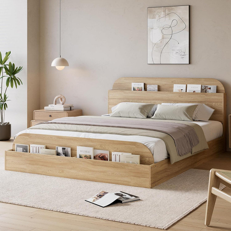 Lit plateforme en bois avec tête et pied de lit de rangement, structure à profil bas et sans sommier, Tanné, Grand lit