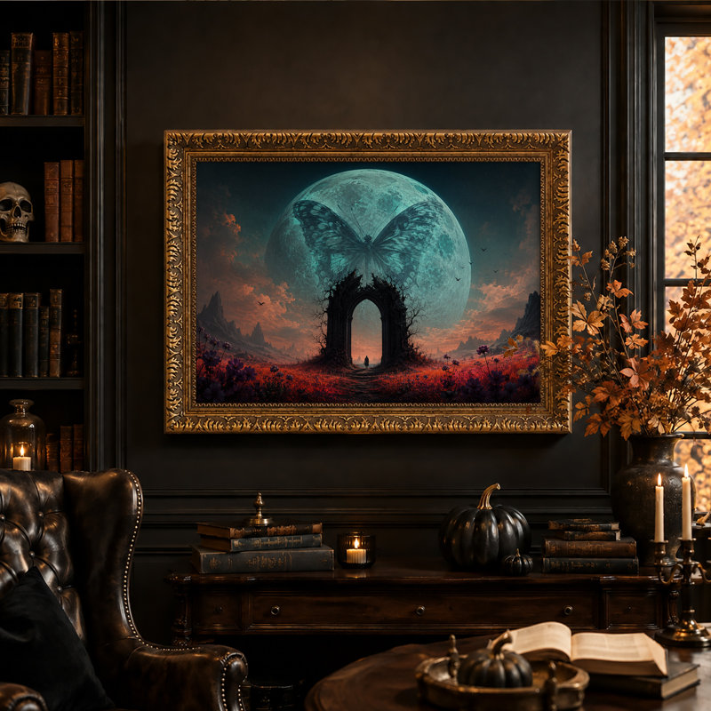 Toile murale d'Halloween représentant une silhouette de papillon et de lune fantastique sur fond de pierre, 20"H x 30"W