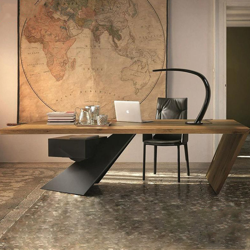 Noir + brun Bureau rectangulaire en bois massif + fer, H 29,53 po x l 70,87 po x P 31,5 po