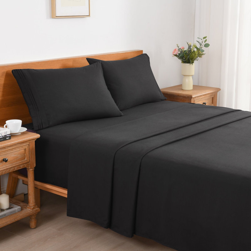 3/4 Pcs Soft Solid & Embroidery Bed Sheets Set, Queen, Black