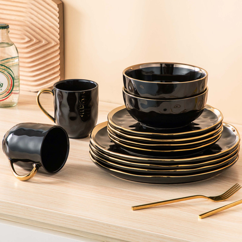 Colour Piece Handmade Ceramic Dinnerware Set - Service for 4, Black/Gold