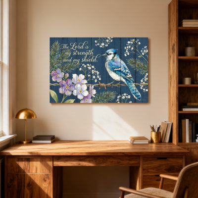 Texte et chiffres Fleurs de geai bleu, branches de pin, texte biblique