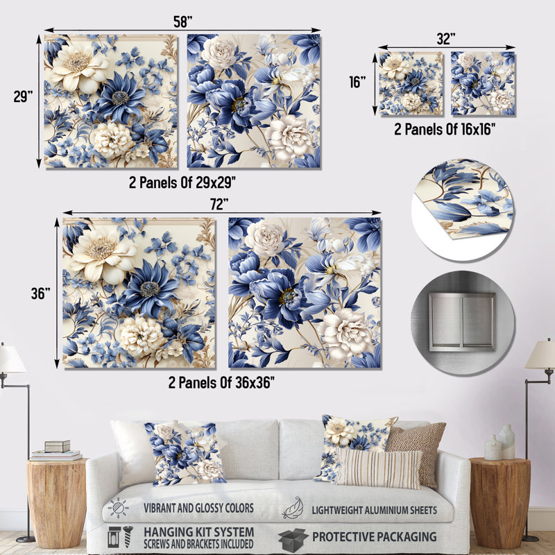 Victorienne fleurs bleues et blanches damassées II - bouquets assortis, ensemble de 2 carrés, H 36 po x l 72 po