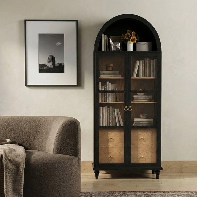 71" Arched Bookcase With Glass Doors And Solid Wood Legs - Versatile Display Cabinet & Kitchen Pantry Storage Cabinet