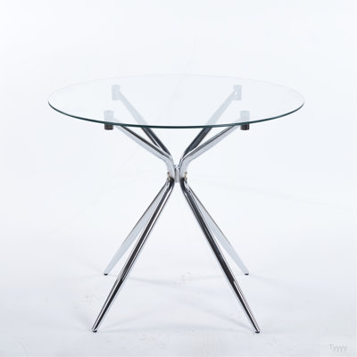 Dining Table With Chrome Metal Leg And Tempered Glass,Modern Space Saving Kitchen Table For Living Room,Chrome Color Metal Legs