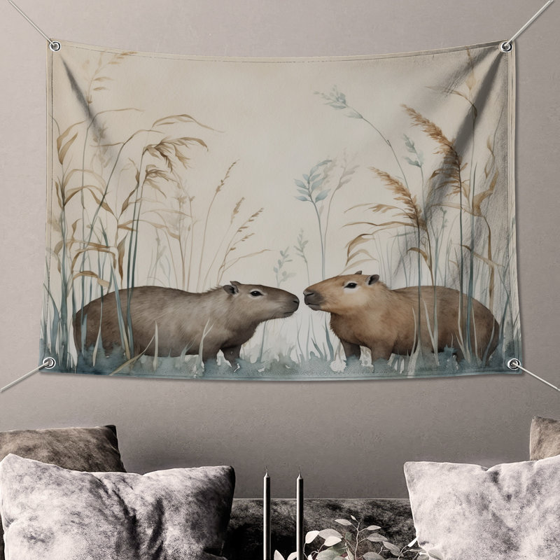 Capybara In Grass Wall Tapestry - Capybara Wall Decor, 104in H x88 with 4 Grommets