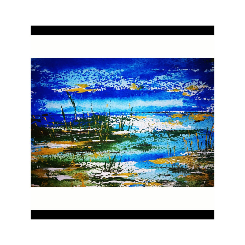 «The Morning View at Sea Side», peinture à l'acrylique et technique mixte avec cadre - art contemporain de bord de mer de 7 po x 9 po par Ashish Agarwal