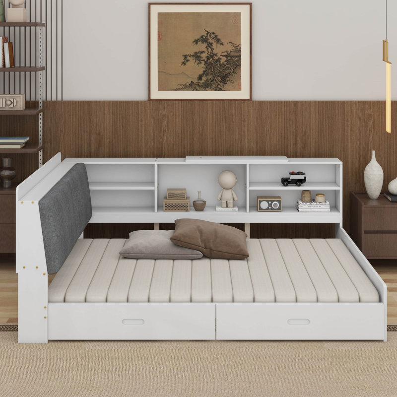Lit plateforme double avec tête de lit, tablettes et 2 tiroirs, Blanc / Gris