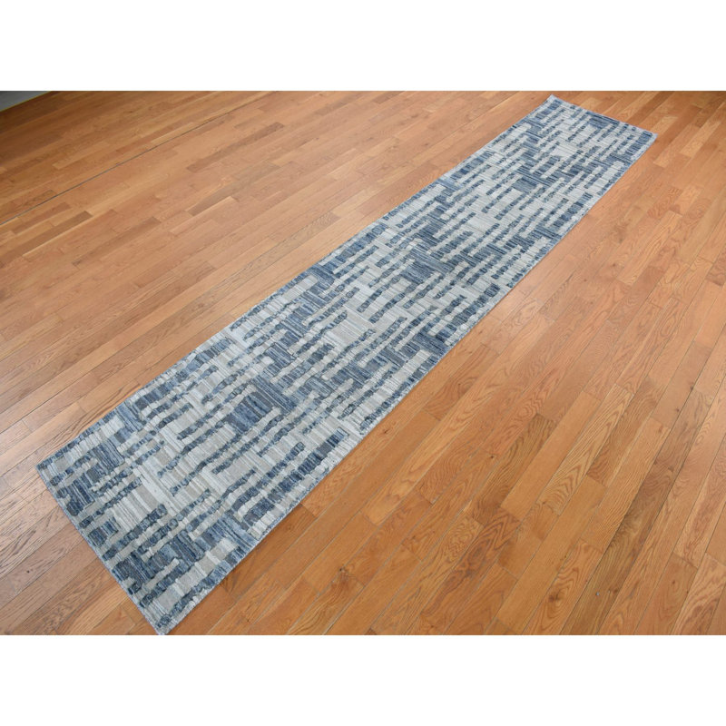 2'6x12'3" Blue Pure Silk and Textured Wool Zigzag with Graph Design Hand Knotted Runner Rug