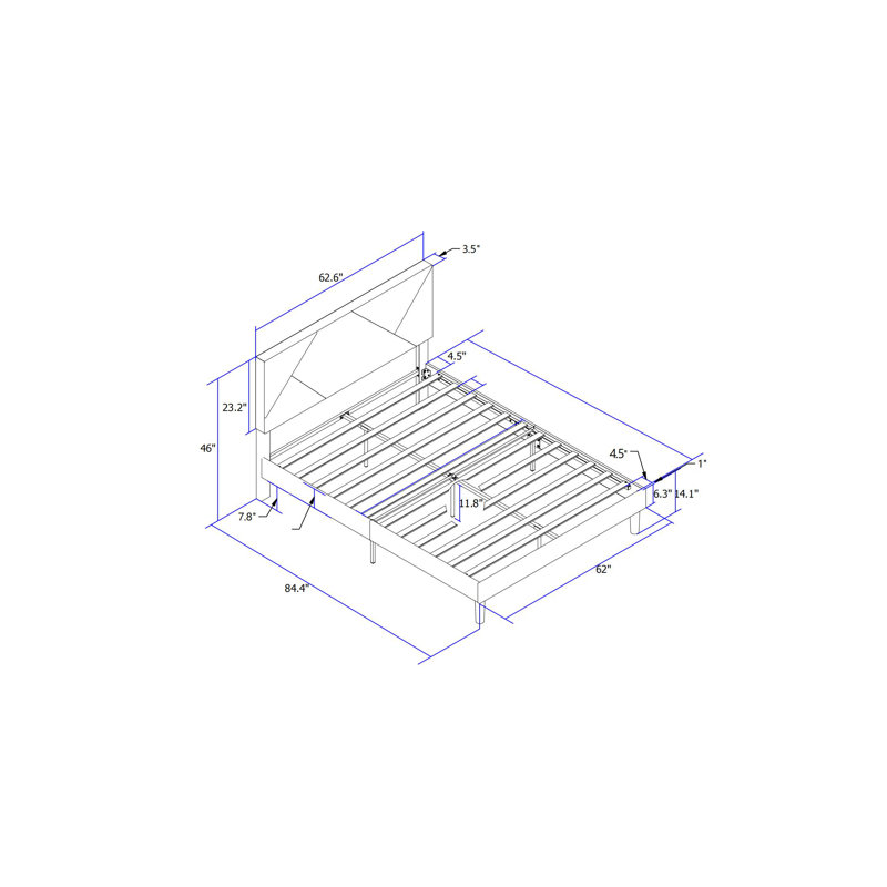 Grand lit plateforme tapissier avec tête de lit, support en lattes de bois, sans sommier, gris