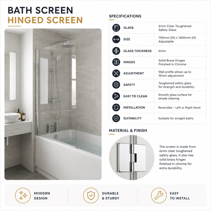 600mm W x 1400mm H Hinged Frameless Tub Door with Clear Glass