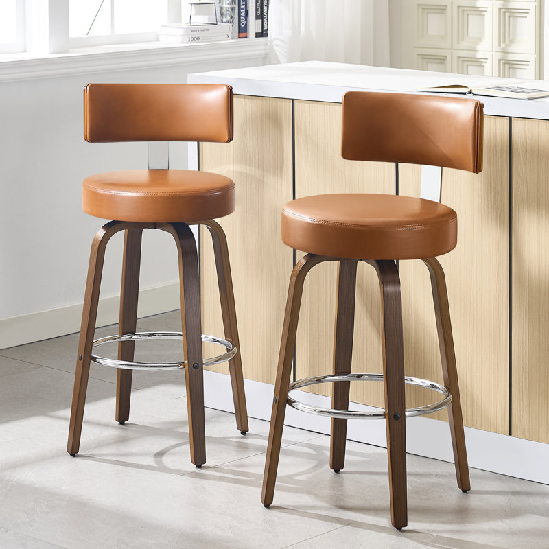 Brown Faux Leather Swivel Bar Stools with Walnut Wood Legs, Set of 3