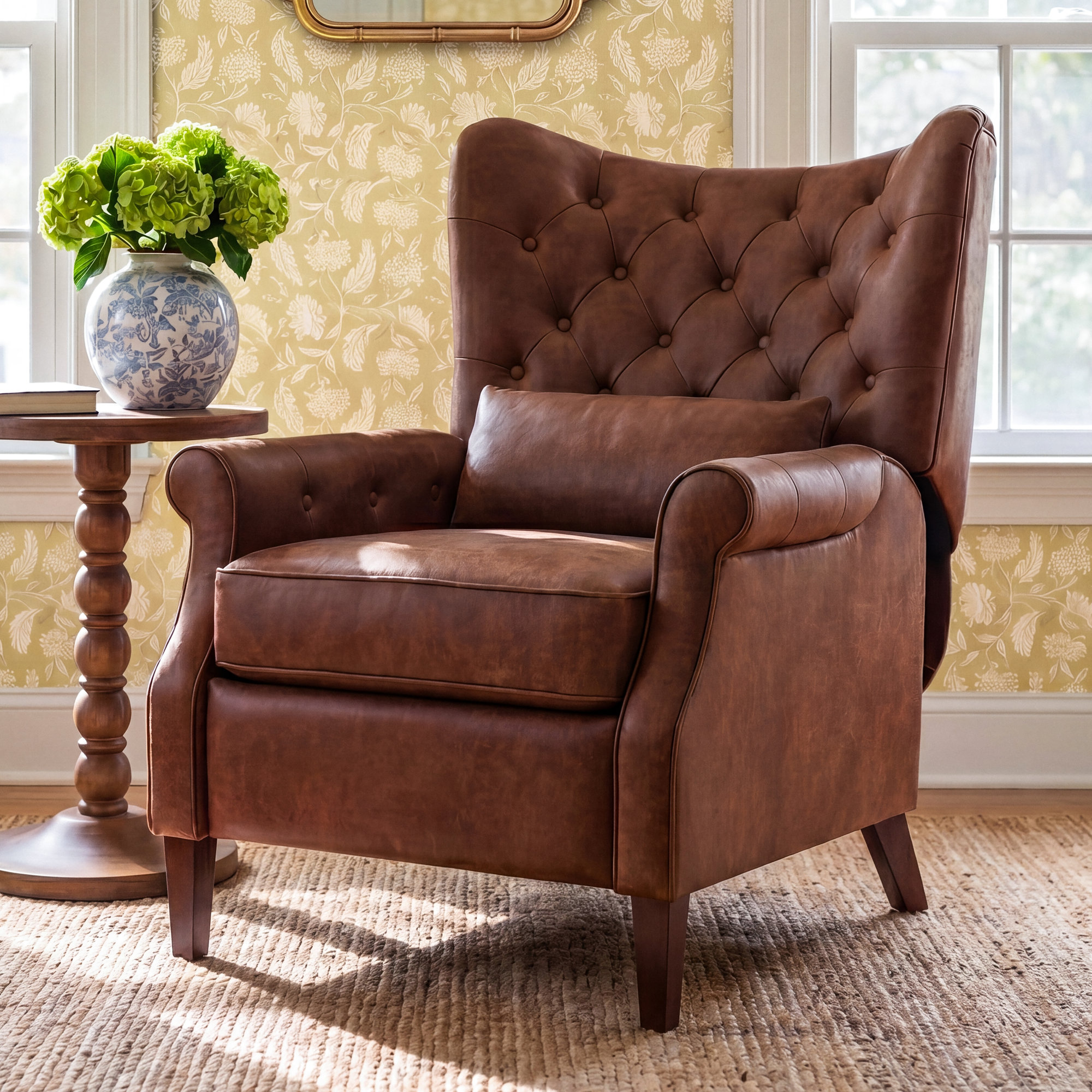 Stationary Rolled Arm Wingback Recliner, Brown