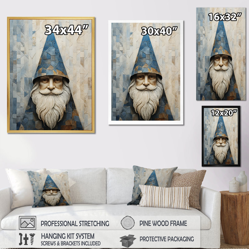 Fantaisie, portrait de gnome beige et bleu III sur toile, Cadre flottant noir, H 40 po x l 30 po x P 1,5 po