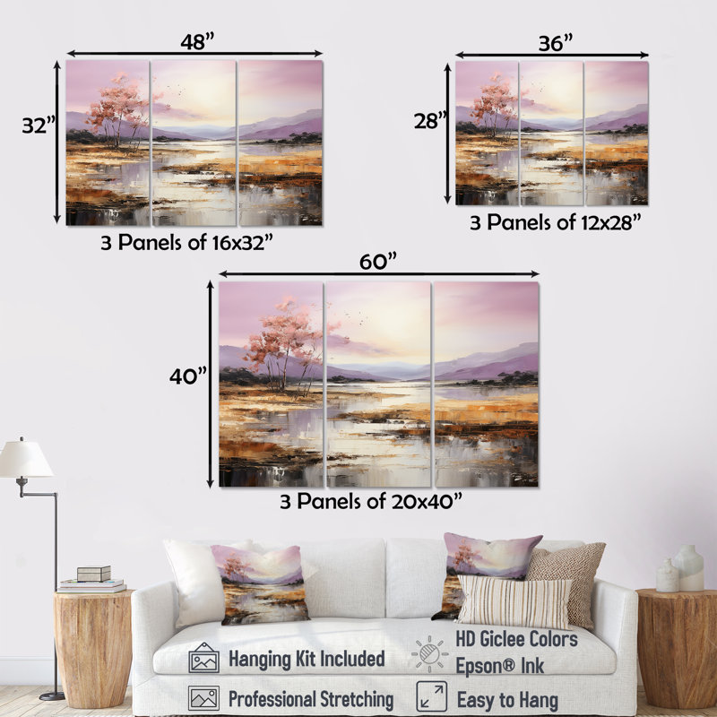 Mauve et or, lac et montagne I - art mural lac, Toile tendue, H 28 po x l 36 po x P 1 po