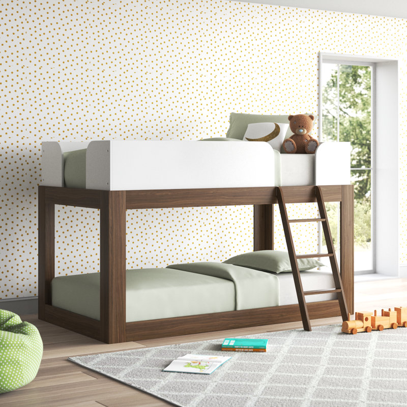 Lit superposé simple en bois massif Ambur, Blanc / noyer