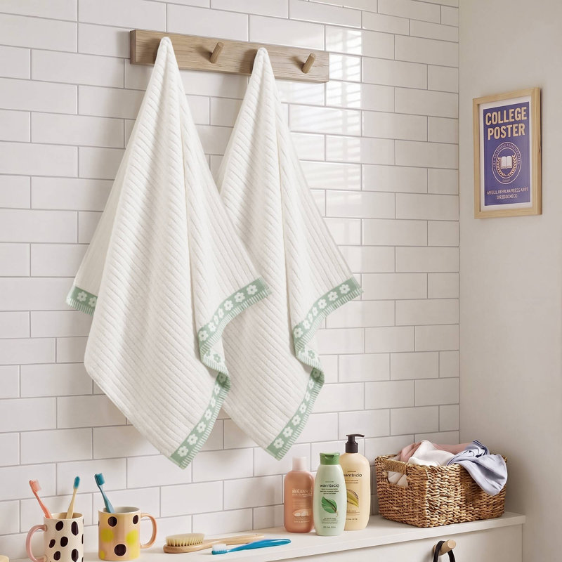 Flora Rib Green 100% 500 GSM Cotton 2-Piece Bath Towel Set, Green