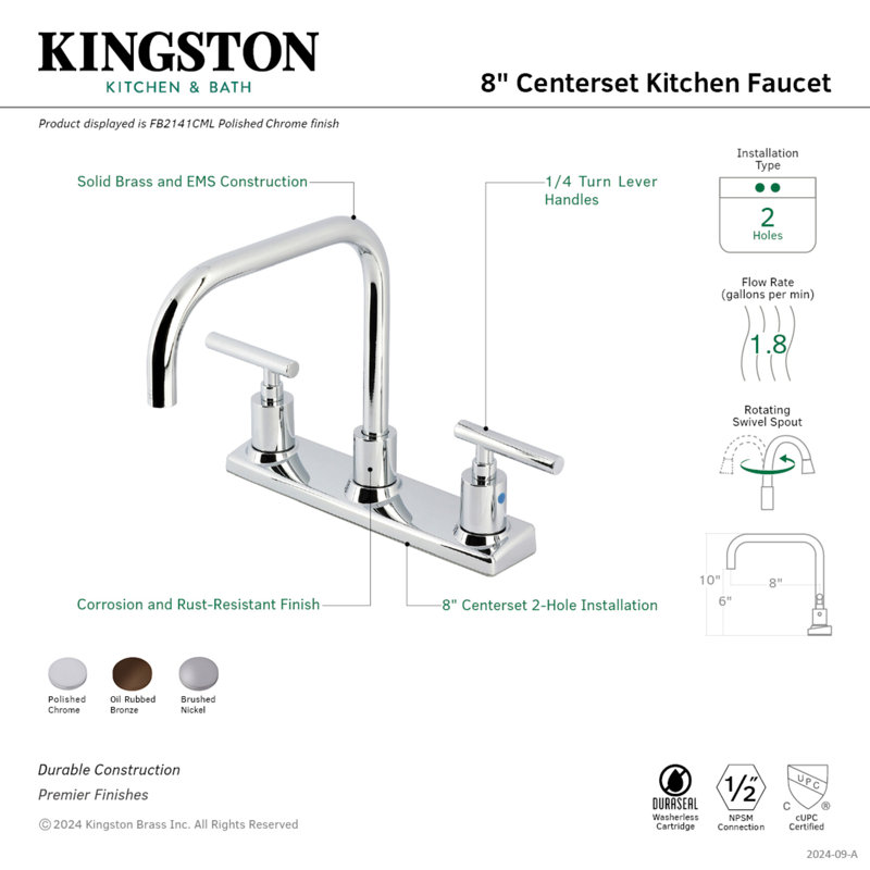 Kingston Brass Manhattan Two-Handle 2-Hole 8" Centerset Kitchen Faucet, Brushed Nickel