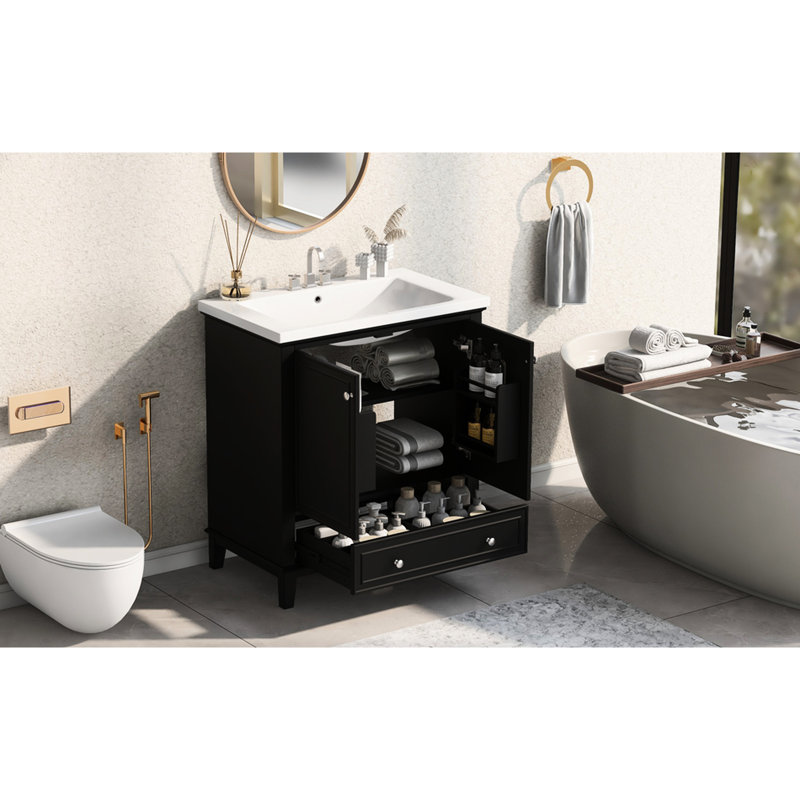 Meuble-lavabo 30 po - Noir, bois massif et armoire de rangement multifonctionnelle réglable à l'intérieur, Black