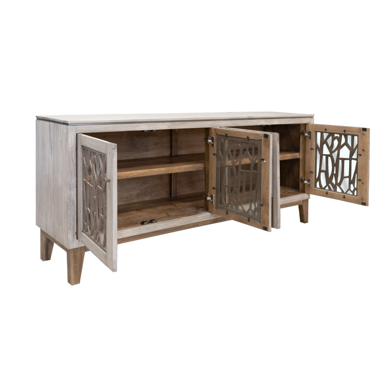 Console Livvy, 4 portes en verre à motif en métal blanc ivoire 69 pouces