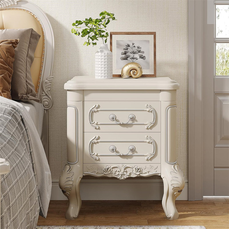 Table de chevet blanche sculptée avec tiroirs - table de bout classique 20 po