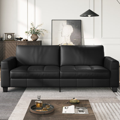 93'' W Faux Leather 3-Seater Sofa, Deep Seat Couch with Spring Cushion, Removable Cover, Sturdy Frame, Easy Assembly for Office, Living Room, Bedroom, and Small Space, Black