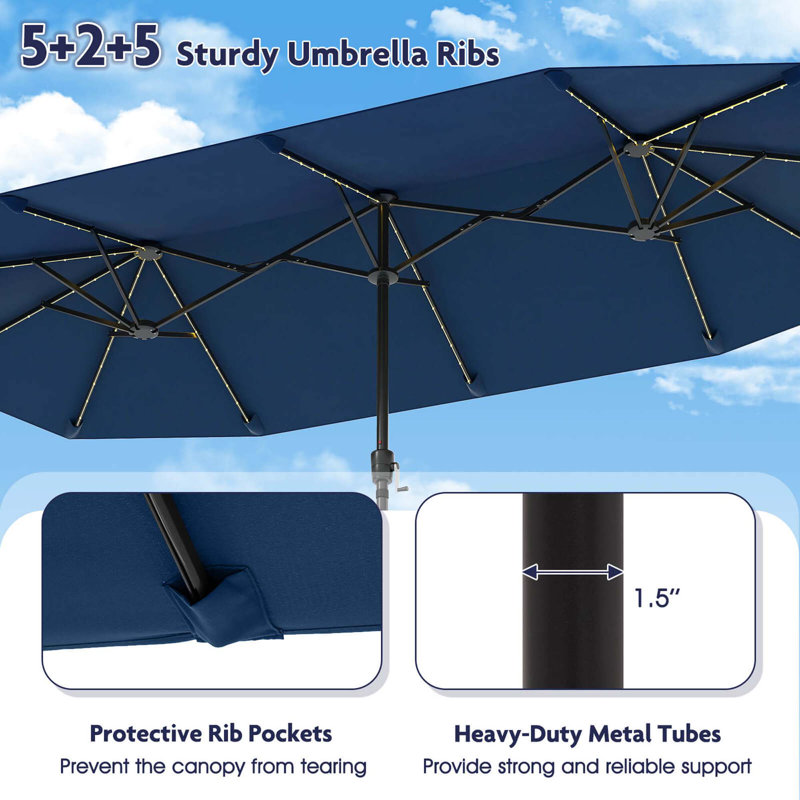Grand parasol de patio 13 pi avec lumières solaires à DEL et manivelle 12 baleines robustes, Marine