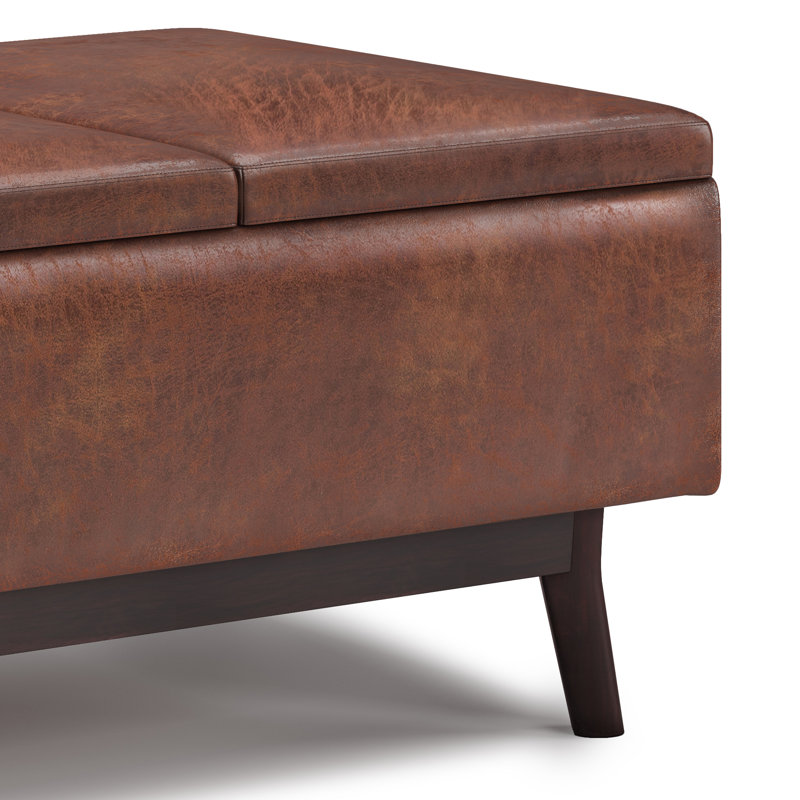 Owen 34"W Upholstered Mid-Century Modern Rectangular Flip-Top Ottoman with Tray Top, Distressed Saddle Brown Faux Leather