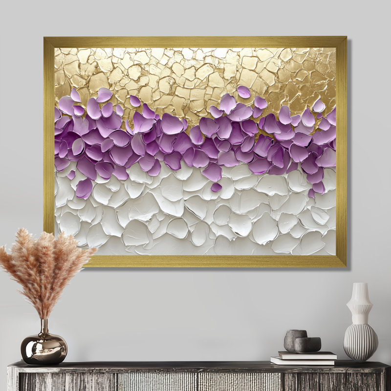 «Salomon Fragmented Lavender and Golden Petals In The Wind», art abstrait encadré, H 34 po x l 44 po, Or