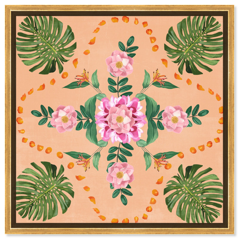 Art mural bohème floral sur toile rose, Cadre argenté, H 13 po x l 13 po