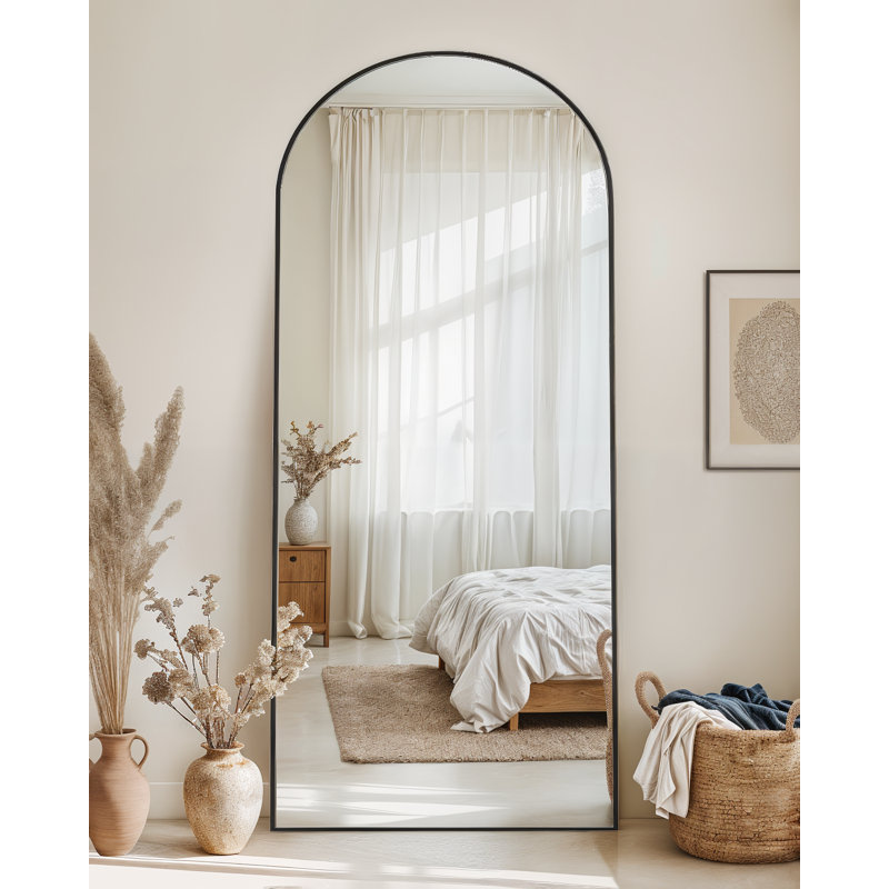 Miroir de plancher noir arqué avec support, miroir autoportant de 38 po x 77 po pour chambre à coucher, 64 po x 21 po, Noir