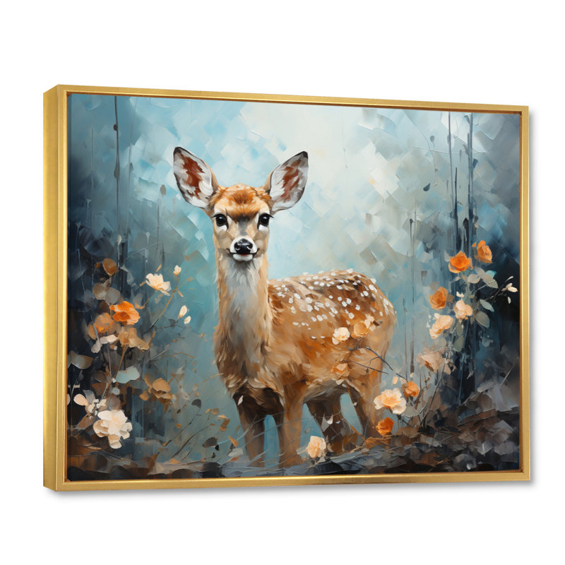 Art sur toile, "Deer Graceful Fawn Collage III", 34" H x 44" W, Cadre flottant doré