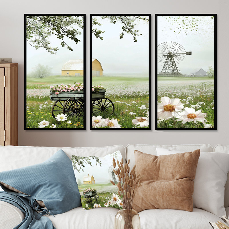 Paysage de ferme en fleurs dans des tons blancs et verts III - ensemble d'art mural de ferme, H 28 po x l 36 po x P 1 po