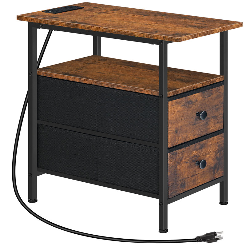 Narrow End Table with Charging Station, 23.6" H x 18.9" L x 11.8" D, Rustic Brown/Black