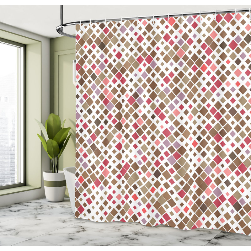 Berlanga Geometric Shower Curtain with Hooks Included, 69"H x 70"W, White Ruby