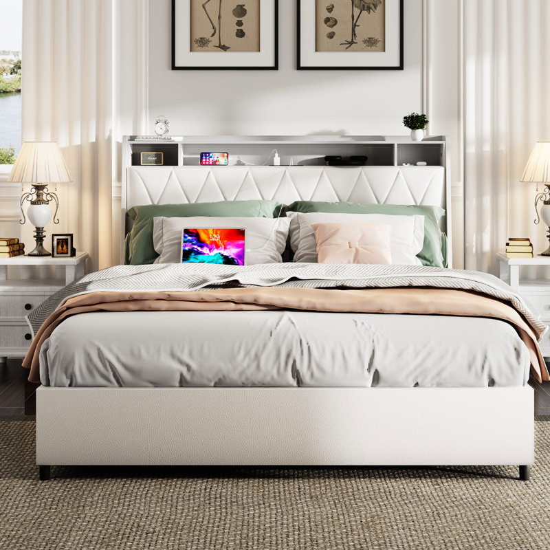 Structure de lit plateforme double avec tête de lit ergonomique, rangement, prises de courant, silencieux, sans sommier, métal blanc pour chambre silencieuse,