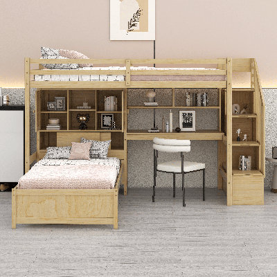 Wood Twin Over Twin Size Bunk Bed With Built-In Desk, Storage Compartments, Shelves And Staircase